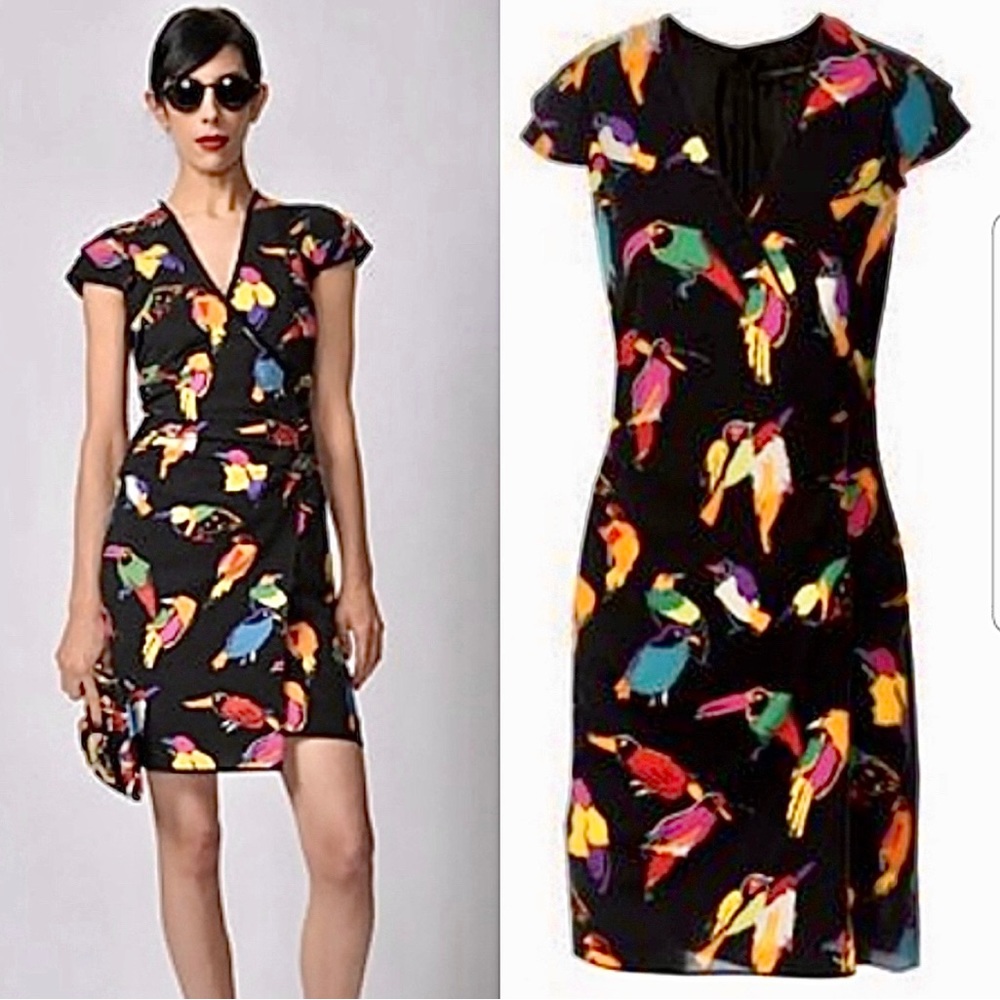 MARC JACOBS Gossip Girl Colorful Bird Print Silk Wrap V Neck Ruched Dress Sz 0
